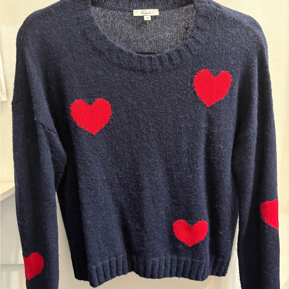 Rails Blue and Red Crew Neck Sweater with Heart Pattern